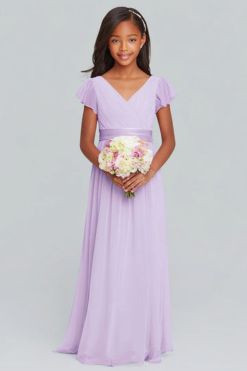 Linaxe en mousseline de soie lilas col en V trapèze longue robe de demoiselle d’honneur junior avec manches